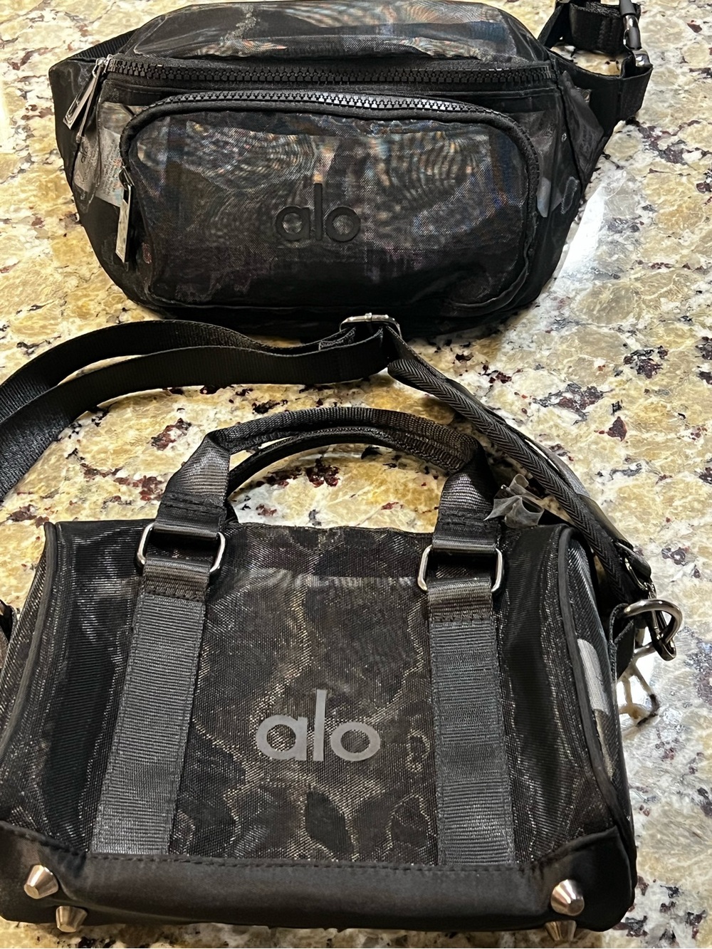 ALO Yoga Black Mesh Belt Bag and Mini Crossbody Duffel Purse Duo